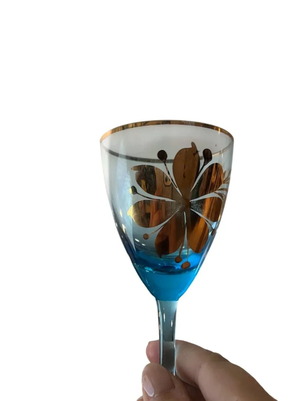 Vintage Ice Blue Wine Glasses Gold Floral Design Set Of 2 Elegant Stemware